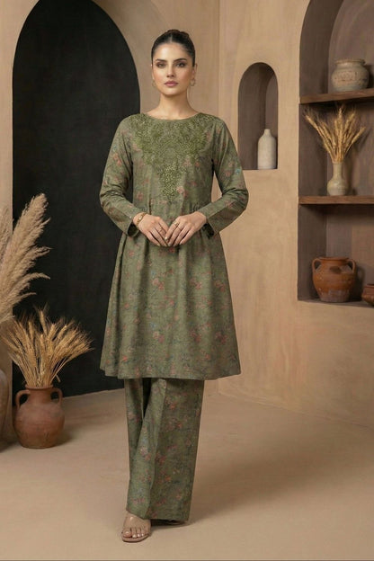 Moss Green Embroidered Raw Silk A-Line Frock Online in Dubai UAE Abudhabi Ajman Sharjah