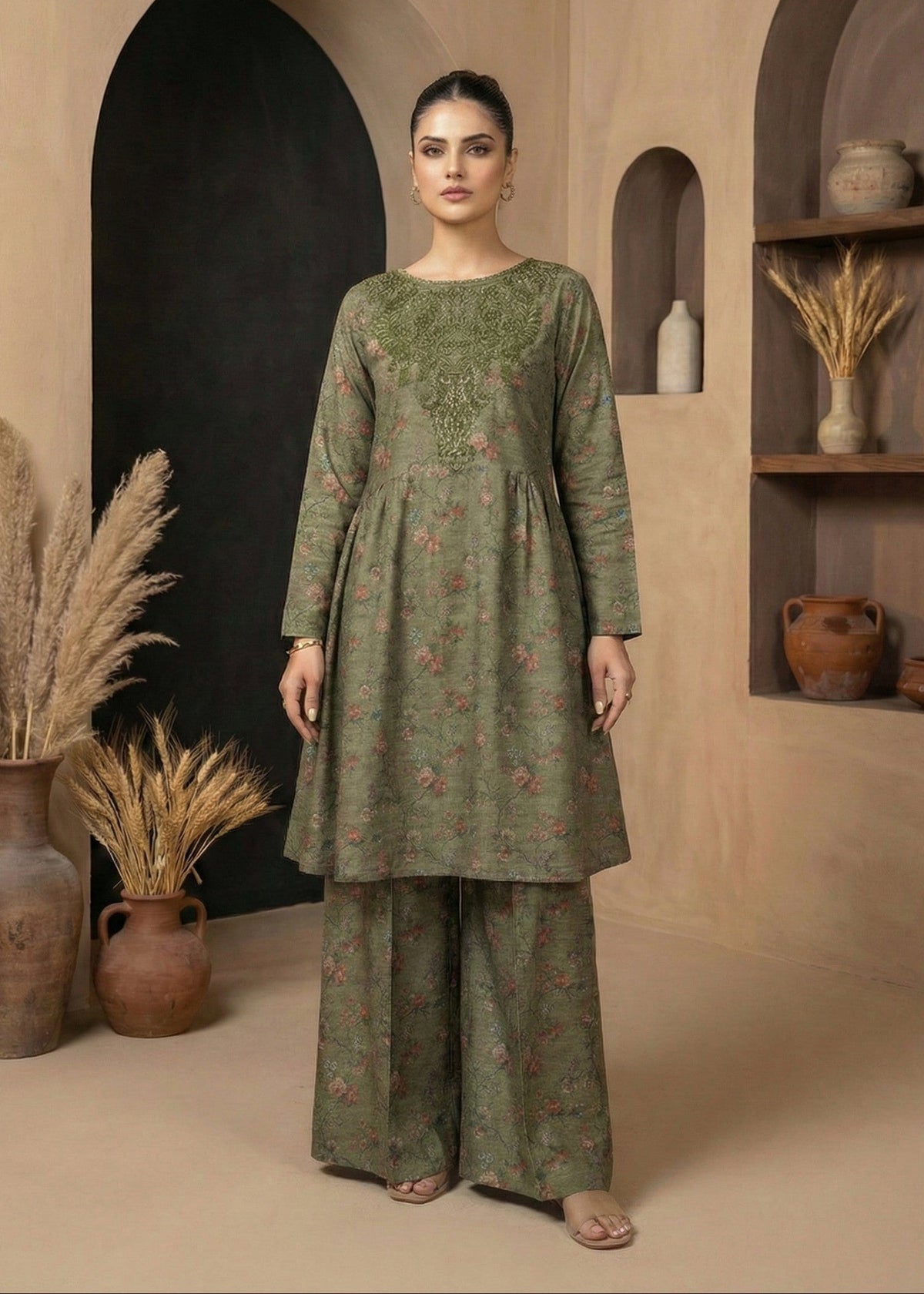 Moss Green Embroidered Raw Silk Pakistani Clothes Online in Dubai DXB UAE Abudhabi Meena Bazaar