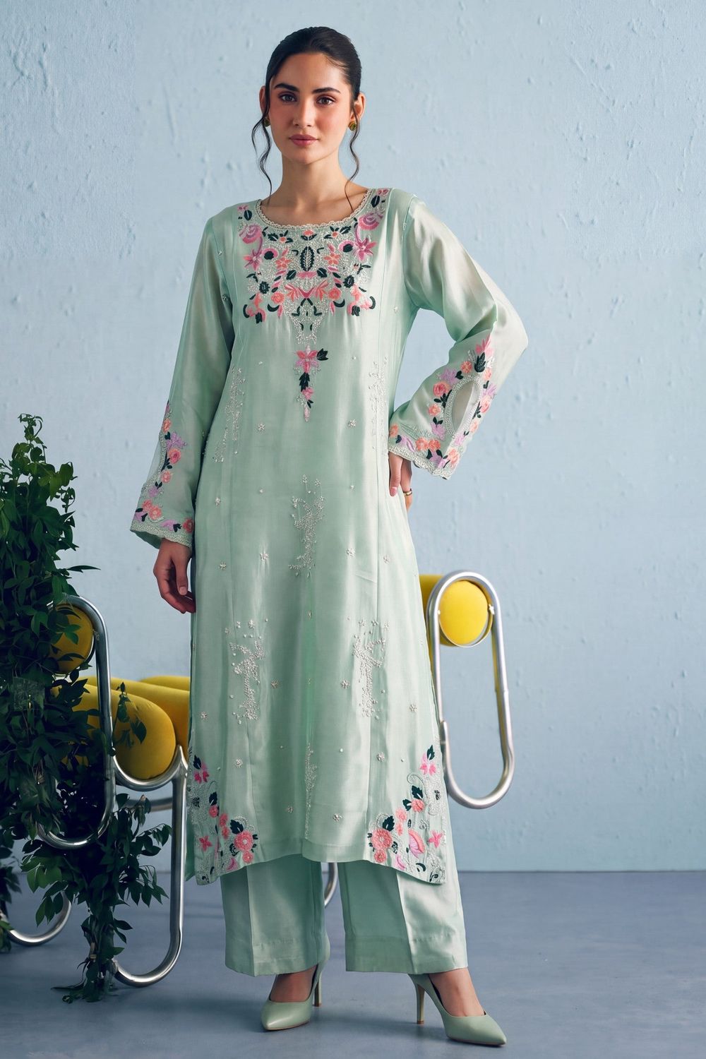 Moss Green Embroidered Tussar Silk Kurta Set Online in Dubai UAE Abudhabi Ajman Sharjah