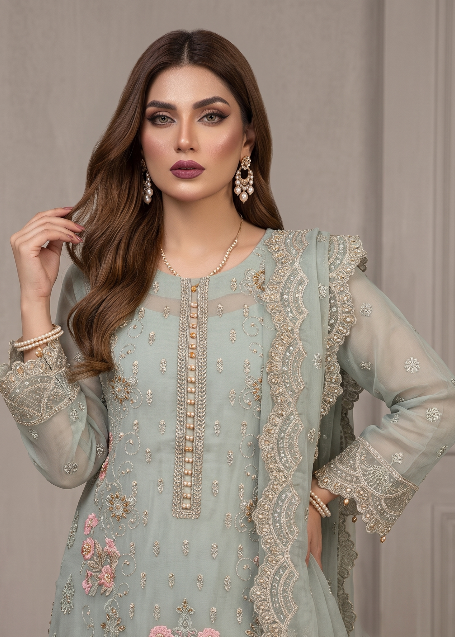 Moss Green Organza Embroidered Salwar Kameez Online in Sri Lanka India Australia