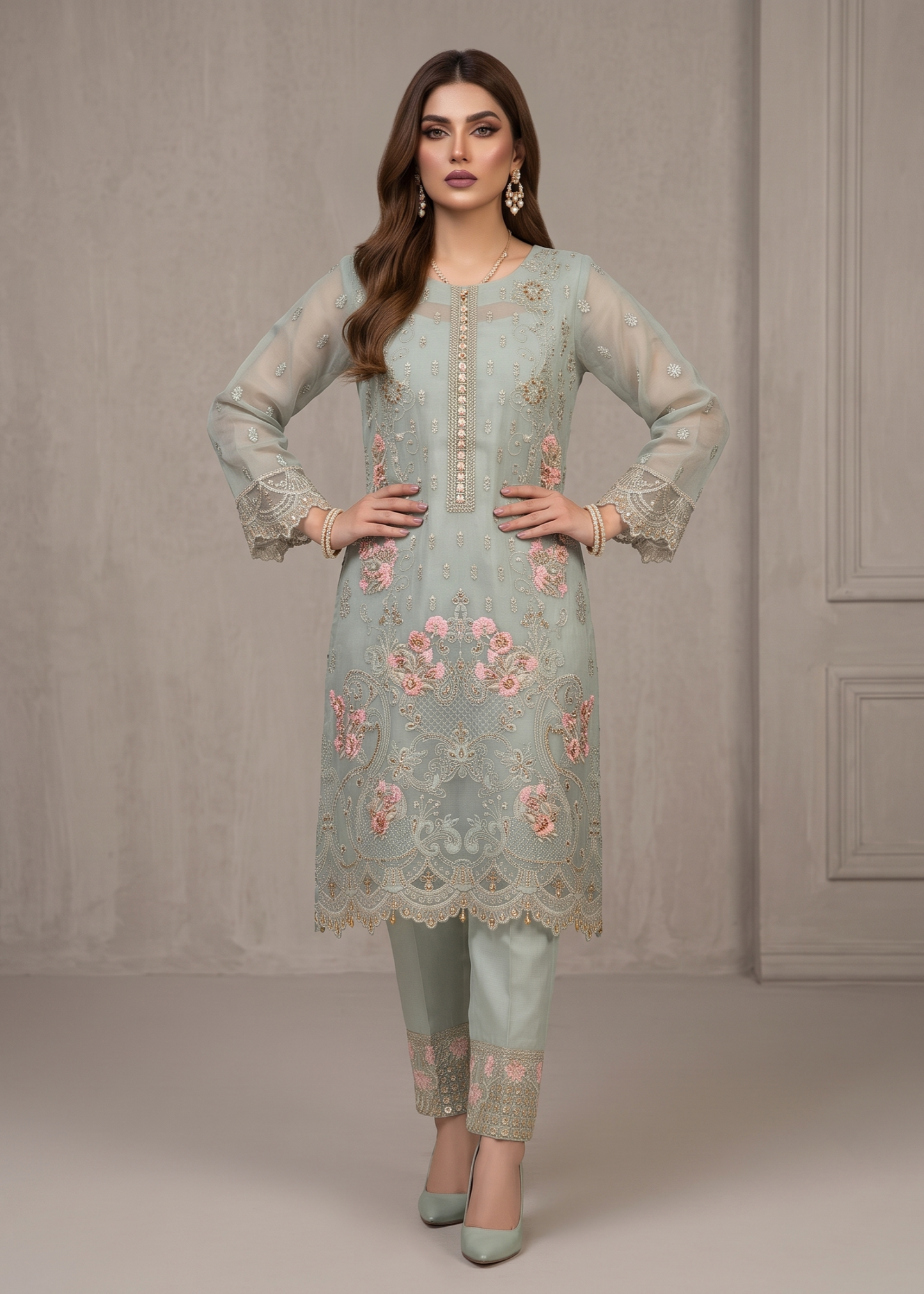 Moss Green Organza Festive Suit Online in Sri Lanka India Australia