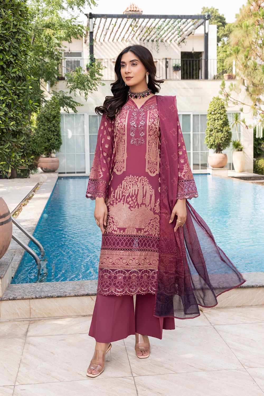 Mulberry Embroidered Jacquard Partywear Suit Online in Dubai UAE Abudhabi Ajman Sharjah