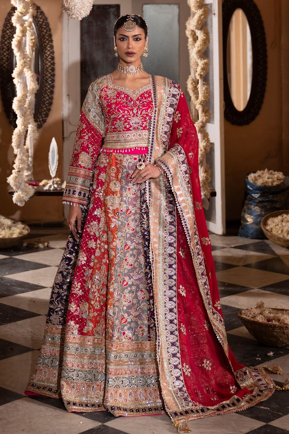 Multi Charmuse Flared Lehenga Suit Online in Dubai UAE Abudhabi Ajman Sharjah