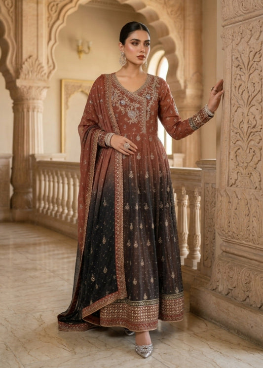 Multi Color Chiffon Partywear Maxi Suit Online in Dubai DXB UAE Abudhabi Meena Bazaar