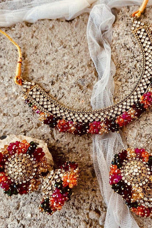Multi-Color Crystal Necklace Jhumki Earrings Tikka Set Online in Dubai UAE Abudhabi Ajman Sharjah