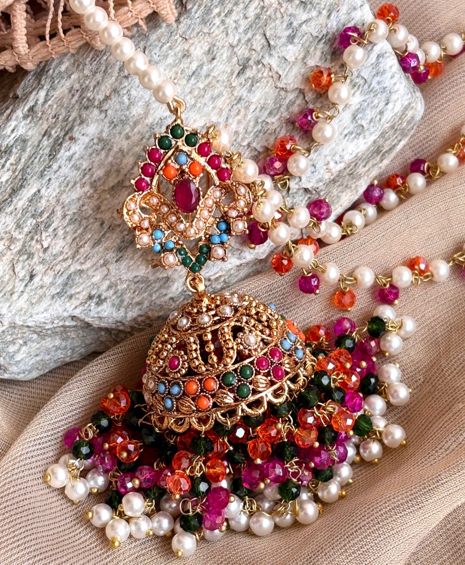 Multi Color Nauratan Stone Bridal Jhumka and Tikka Online in KSA Riyadh Saudi Arabia Oman Bahrain Qatar