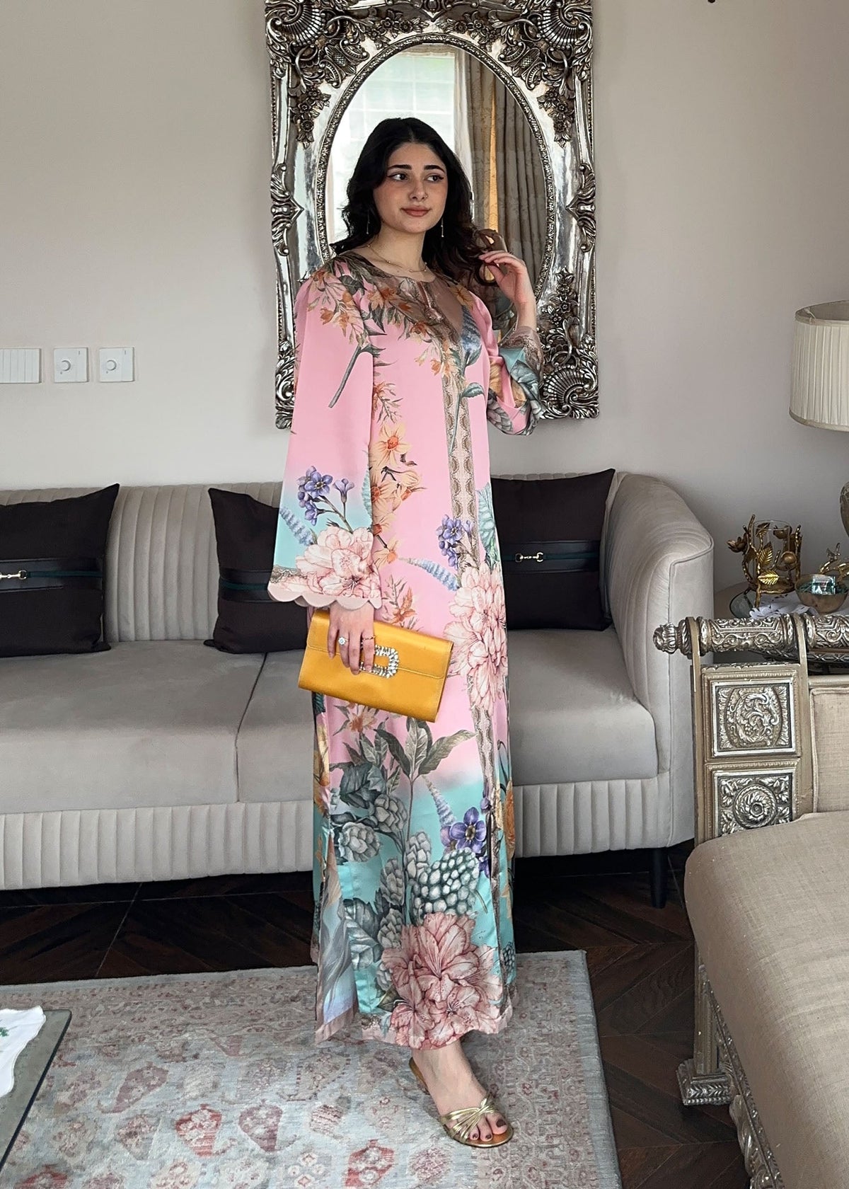 Multi Color Printed Satin Silk Kaftan Dress Online in UK USA Canada