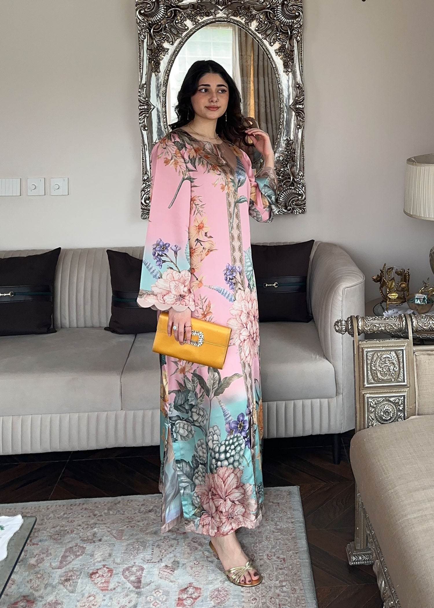 Multi Color Printed Satin Silk Kaftan Dress Online in UK USA Canada
