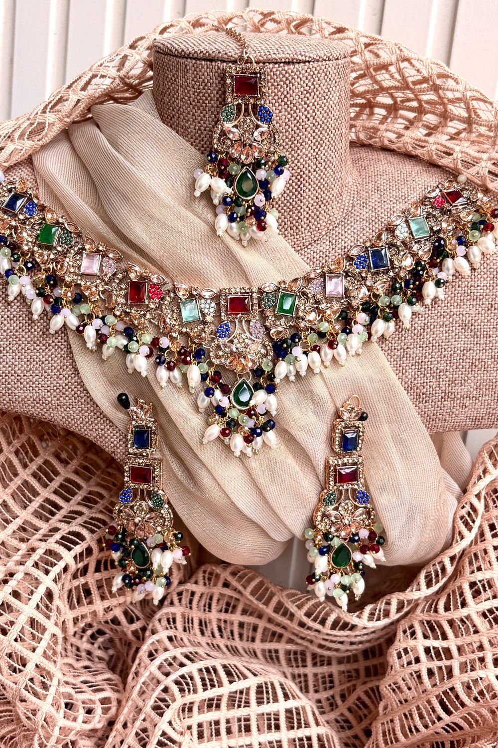 Multi Color Stone Work Bridal Necklace Set Online in Dubai UAE Abudhabi Ajman Sharjah