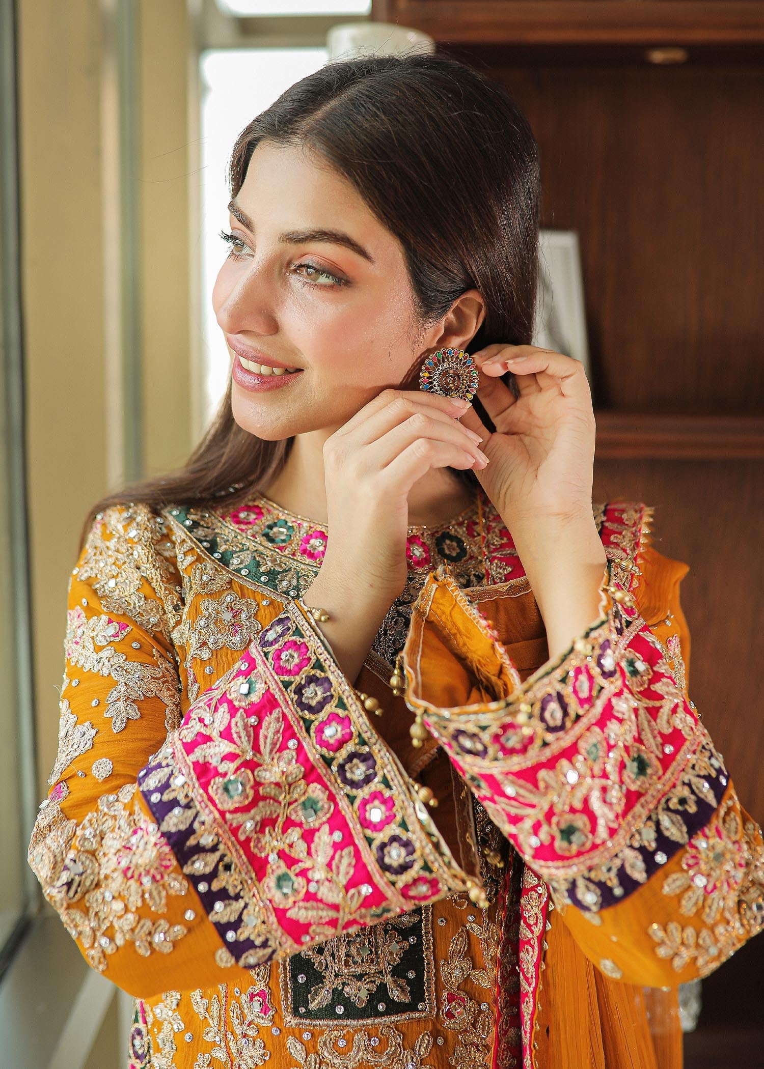 Multi Coloured Embroidered Chiffon Guest Wear Suit Online in Dubai DXB UAE Abudhabi Meena Bazaar