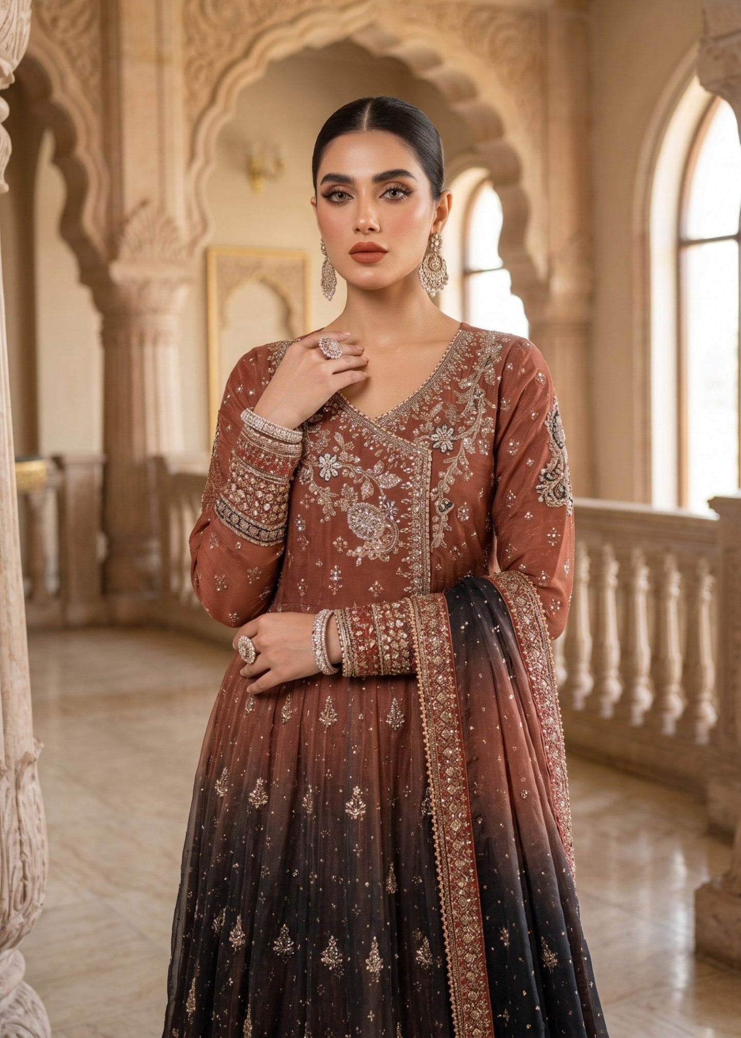 Multi Embroidered Chiffon Flared Maxi Online in Sri Lanka India Australia