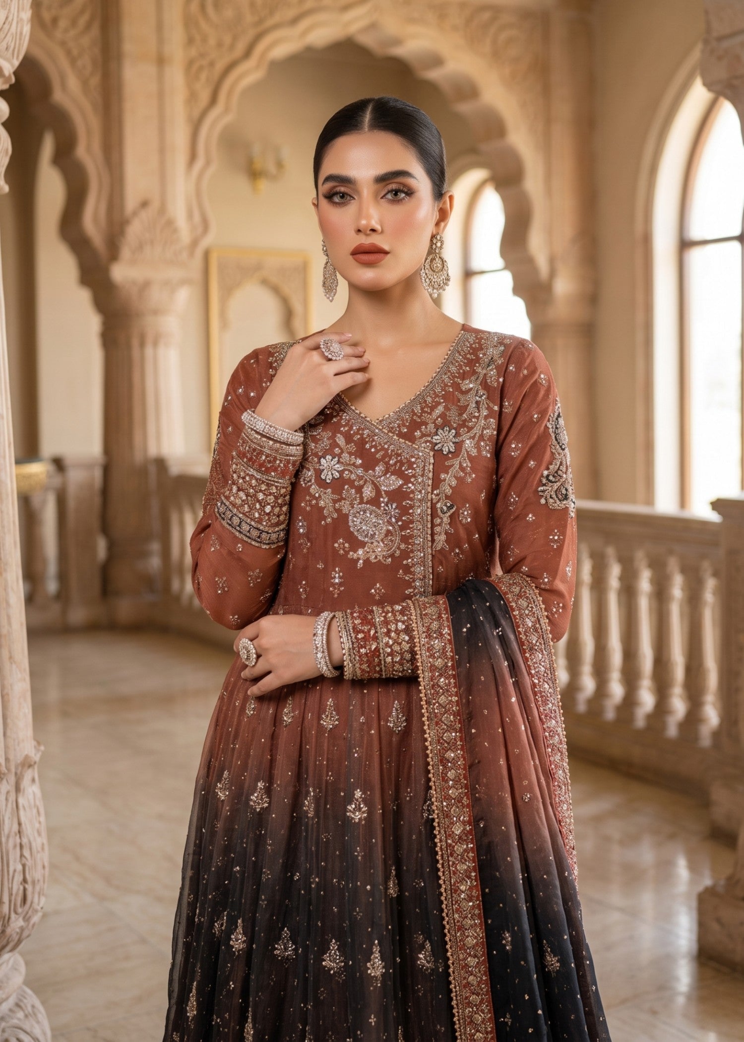 Multi Embroidered Chiffon Flared Maxi Online in Sri Lanka India Australia