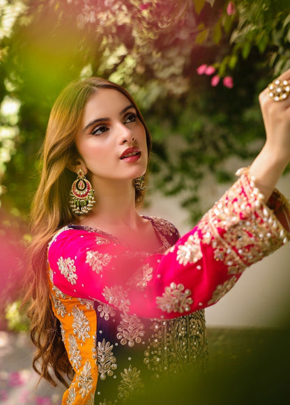Multi Embroidered Chiffon Kurta Trouser Dupatta Set Online in Dubai DXB UAE Abudhabi Meena Bazaar