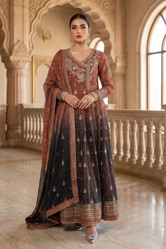 Multi Embroidered Chiffon Maxi Dress Online in Dubai UAE Abudhabi Ajman Sharjah