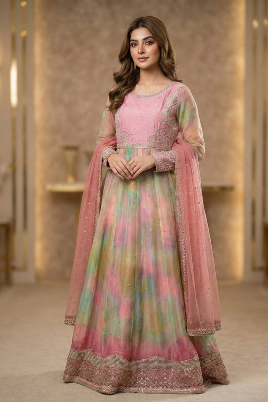 Multi Embroidered Chiffon Raw Silk Festive Suit Online in Dubai UAE Abudhabi Ajman Sharjah