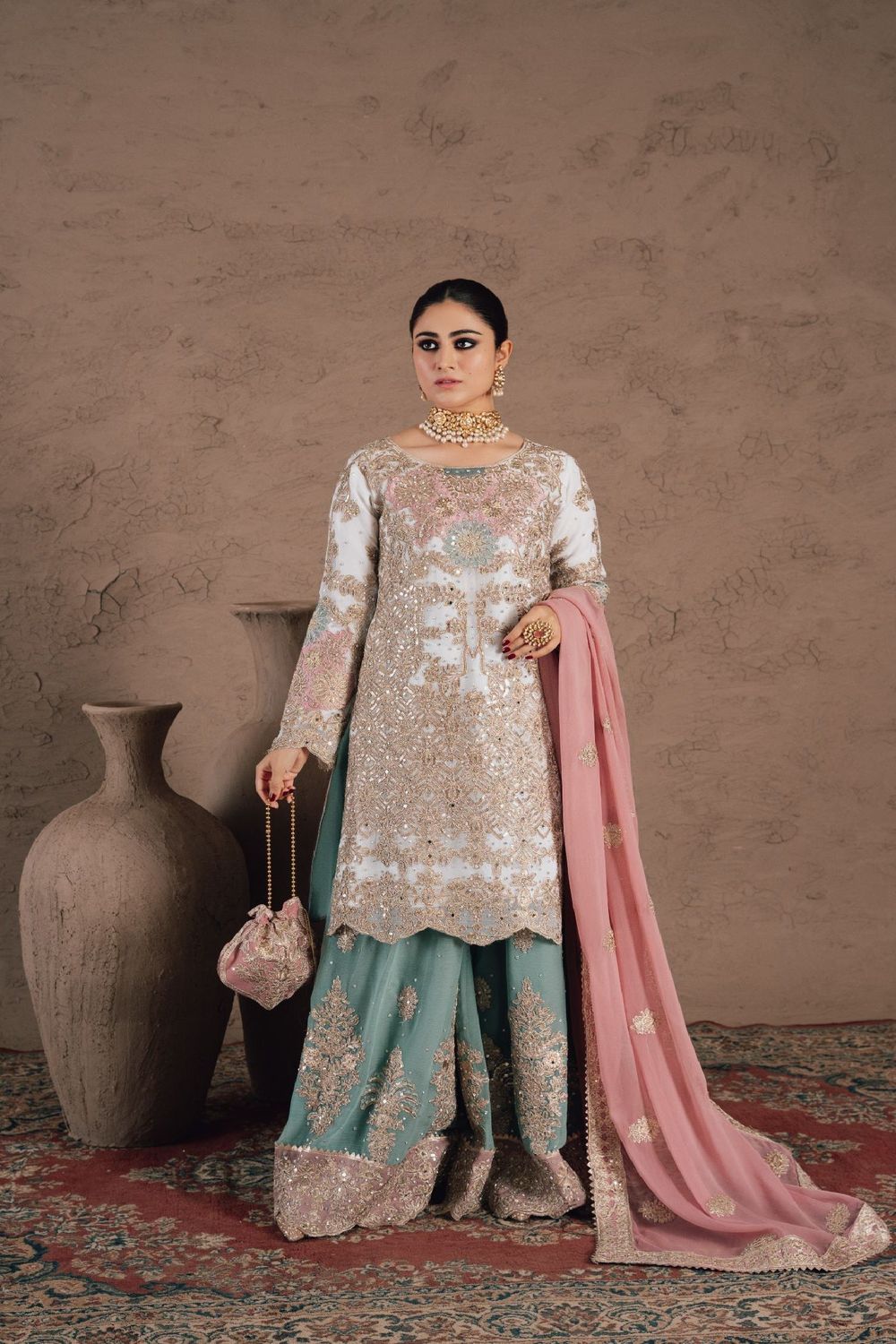Multi Embroidered Chiffon Sharara Suit Online in Dubai UAE Abudhabi Ajman Sharjah