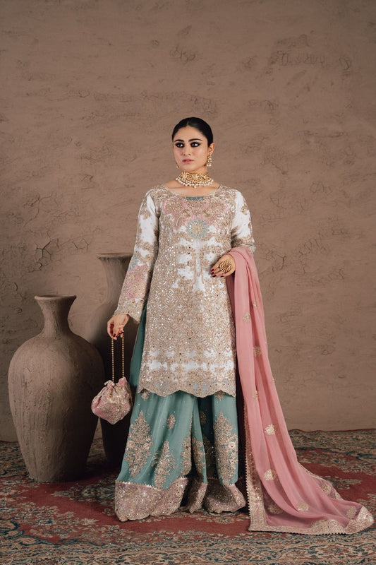 Multi Embroidered Chiffon Sharara Suit Online in Dubai UAE Abudhabi Ajman Sharjah