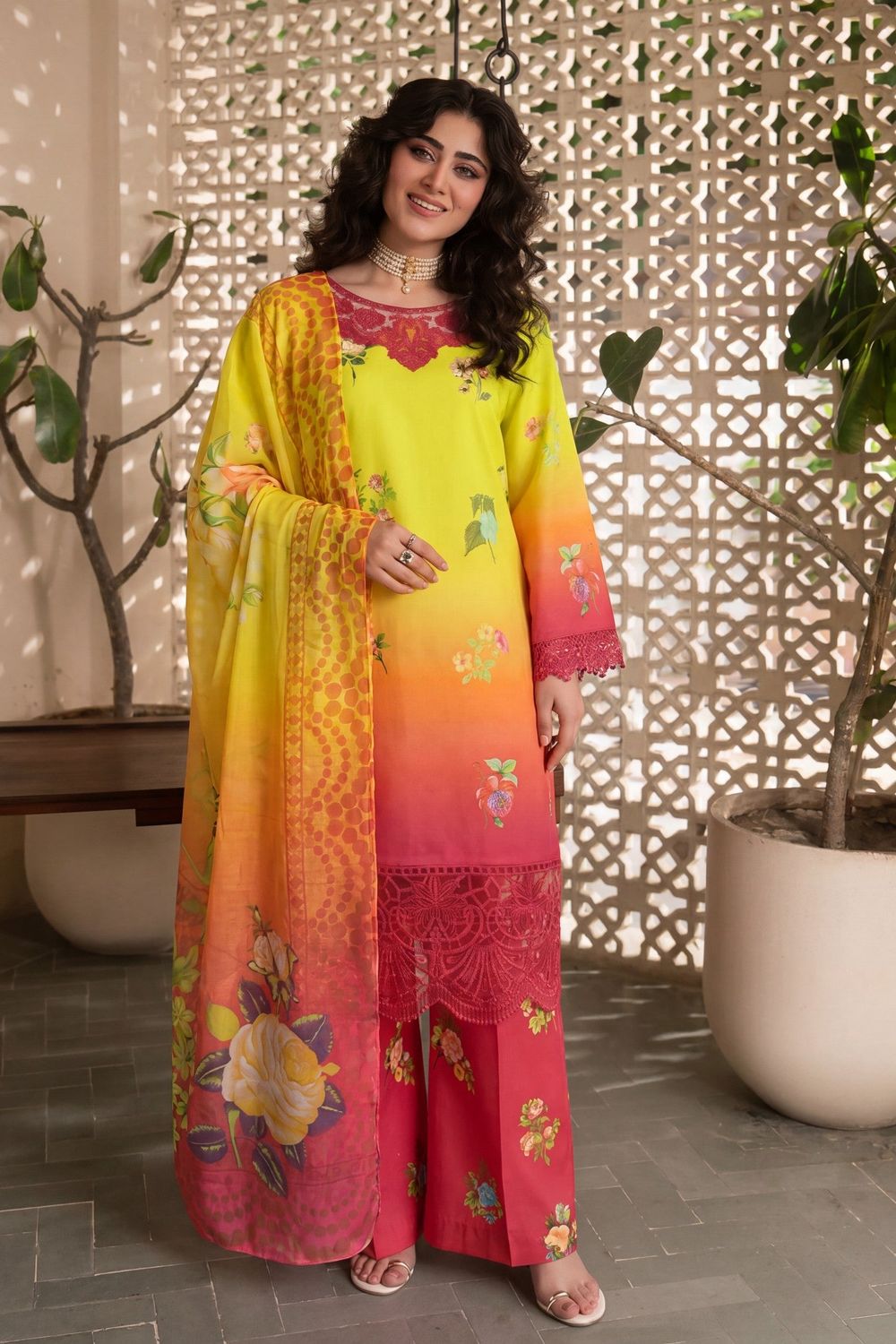 Multi Embroidered Lawn Kurta Palazzo Set Online in Dubai UAE Abudhabi Ajman Sharjah