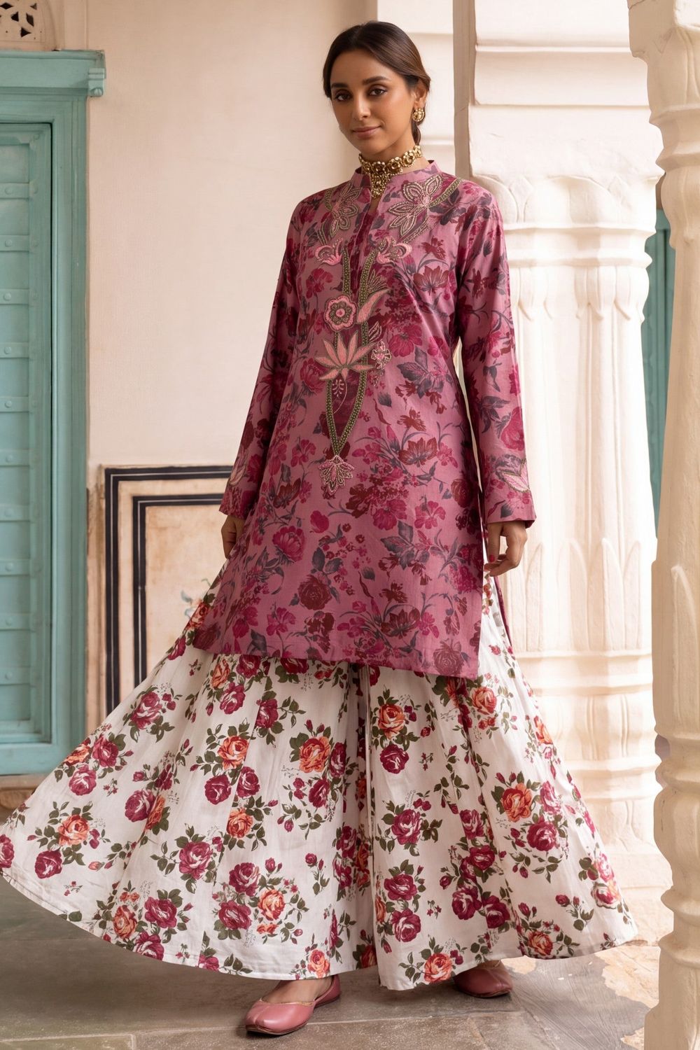 Multi Embroidered Lawn Sharara Suit Online in Dubai UAE Abudhabi Ajman Sharjah