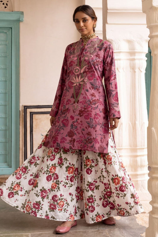 Multi Embroidered Lawn Sharara Suit Online in Dubai UAE Abudhabi Ajman Sharjah