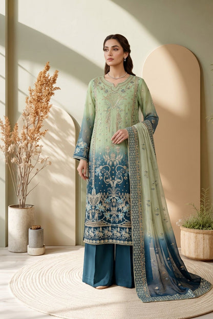Multi Embroidered Organza Festive Suit Online in Dubai UAE Abudhabi Ajman Sharjah