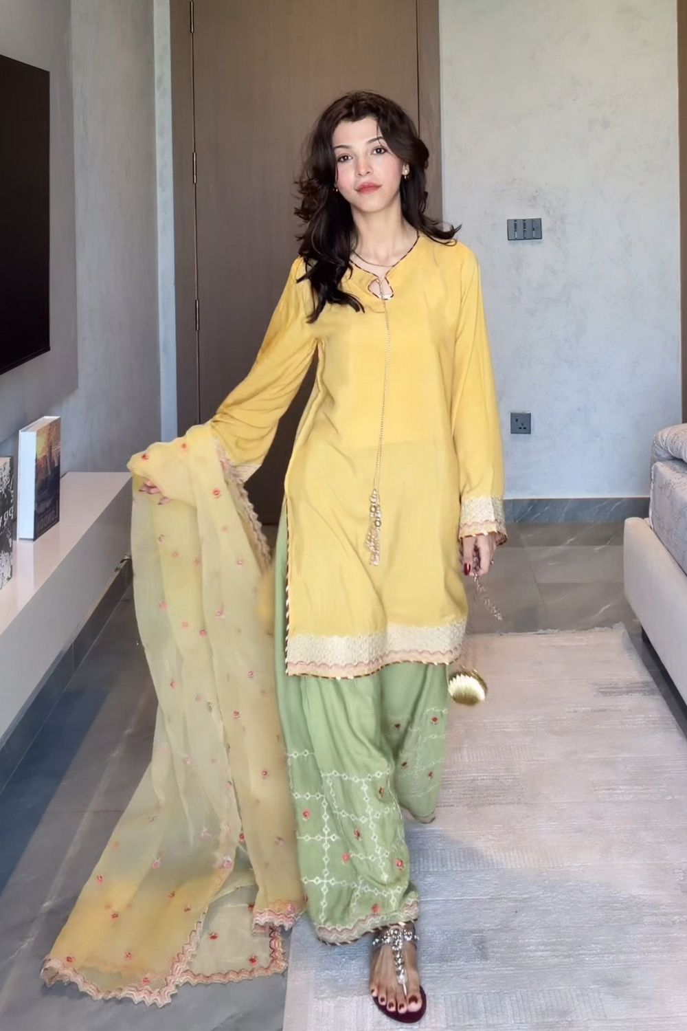 Multi Embroidered Raw Silk Farshi Shalwar with Organza Dupatta Online in Dubai UAE Abudhabi Ajman Sharjah