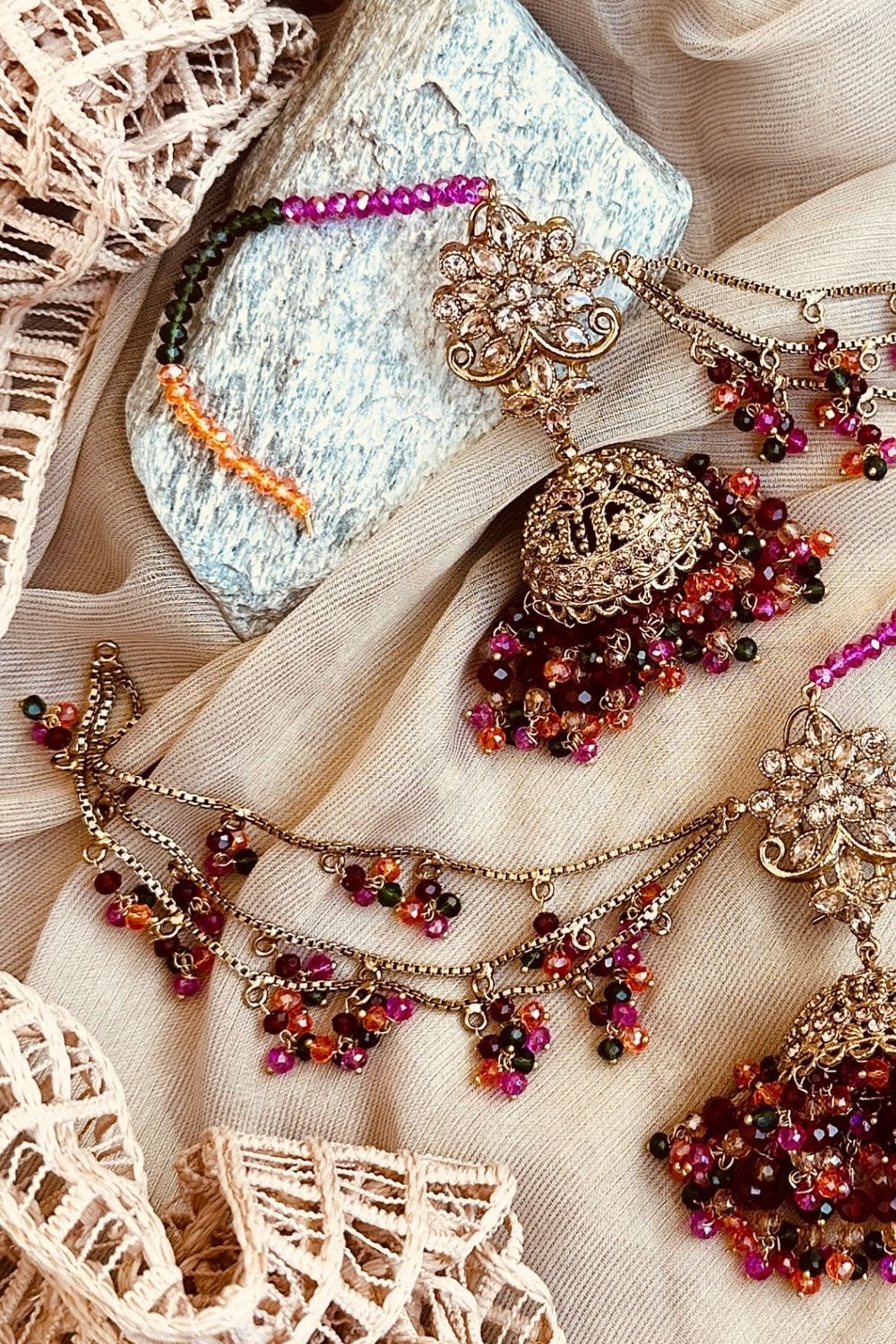 Multi Gold Plated Jhumki Tikka Jewellery Set Online in Dubai UAE Abudhabi Ajman Sharjah