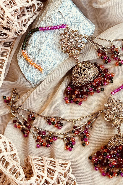 Multi Gold Plated Jhumki Tikka Jewellery Set Online in Dubai UAE Abudhabi Ajman Sharjah
