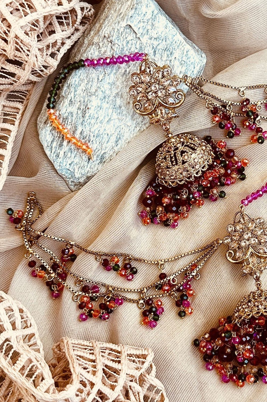Multi Gold Plated Jhumki Tikka Jewellery Set Online in Dubai UAE Abudhabi Ajman Sharjah