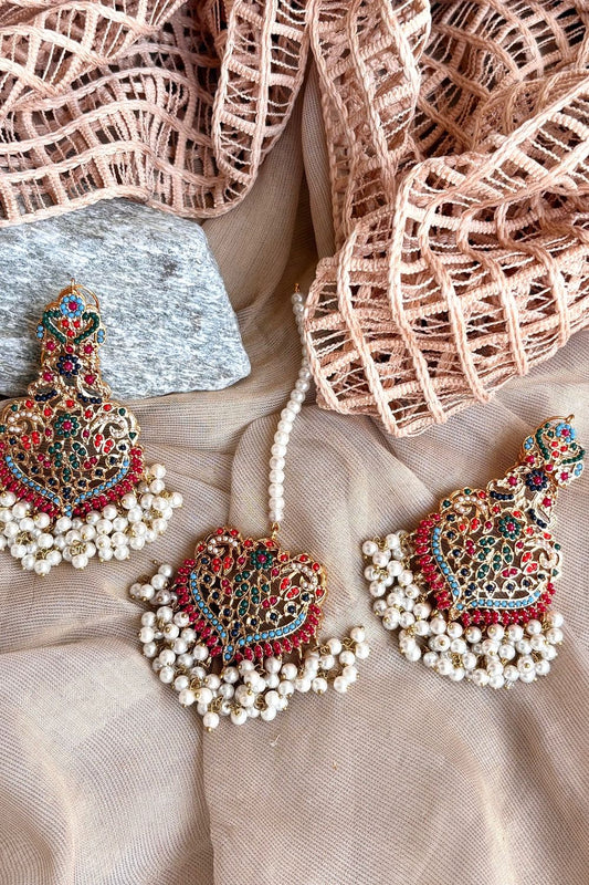 Multi Nauratan Gold Plated Earrings Tikka Set Online in Dubai UAE Abudhabi Ajman Sharjah