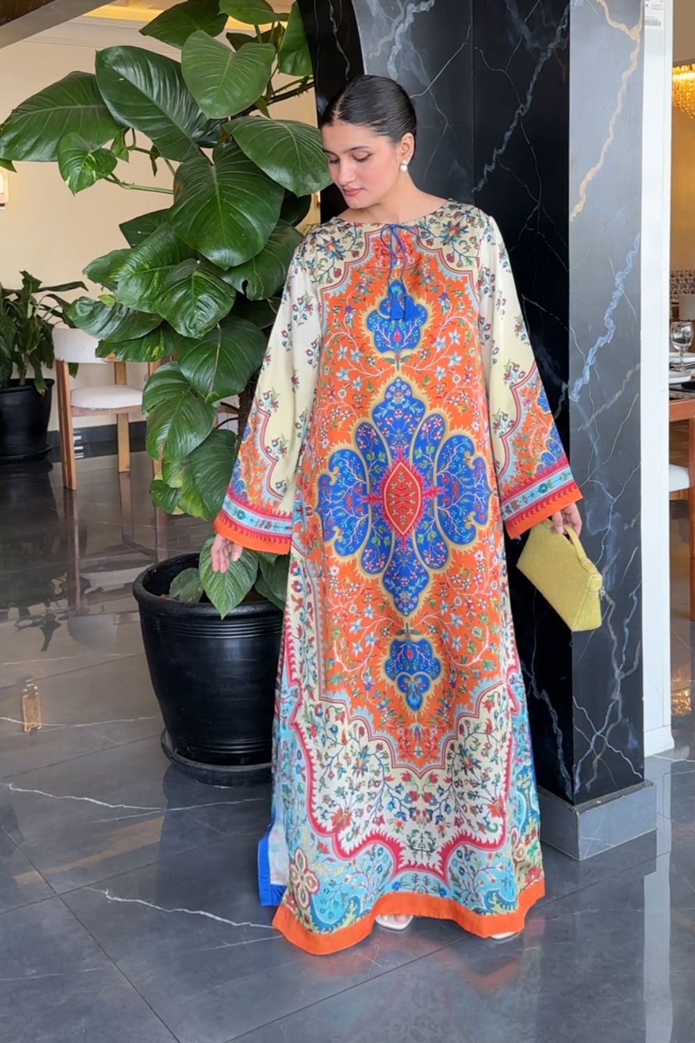 Multi Printed Satin Silk Kaftan Dress Online in Dubai UAE Abudhabi Ajman Sharjah