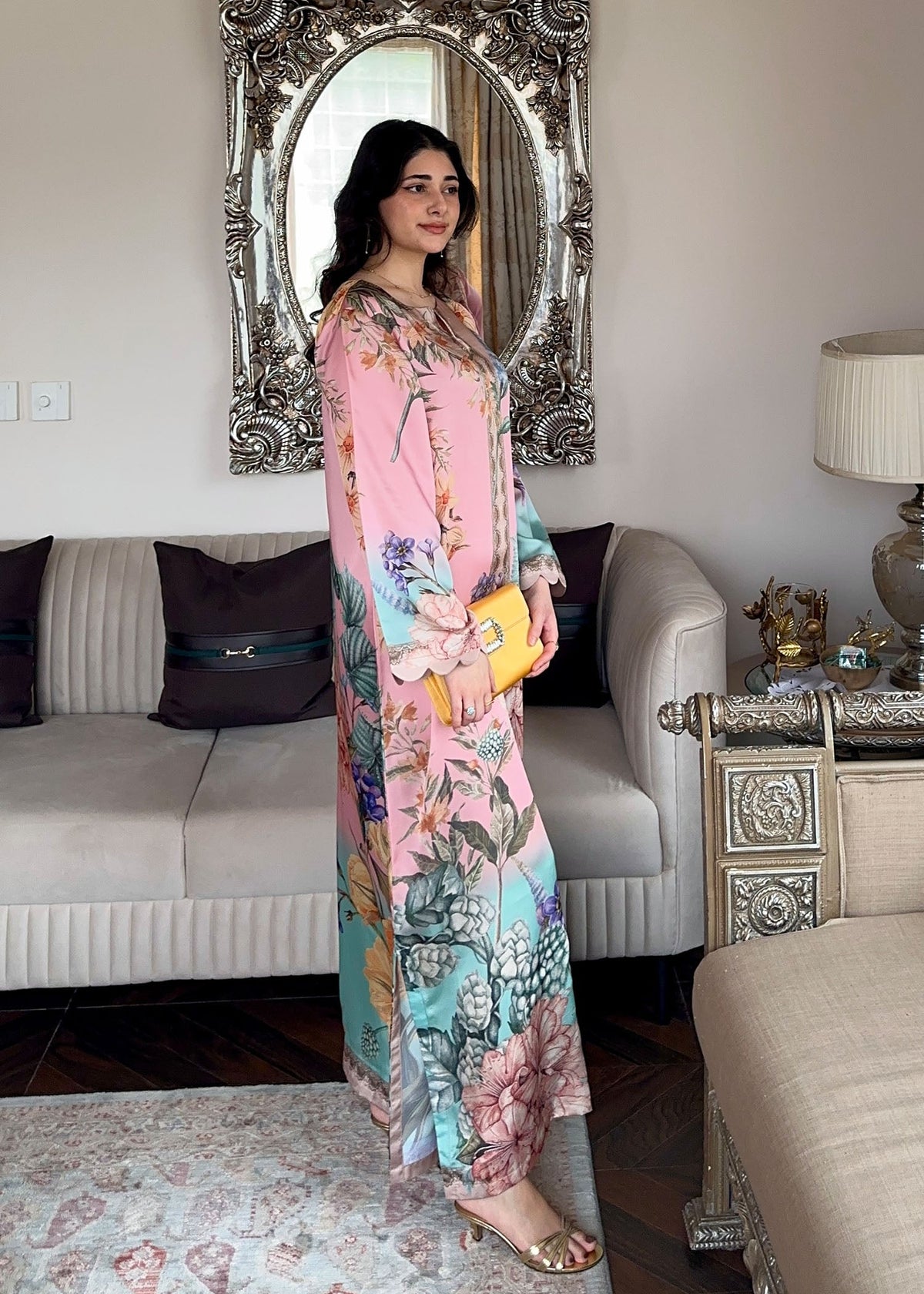 Multi Printed Satin Silk Kaftan for Women Online in Dubai UAE Abudhabi Ajman Sharjah