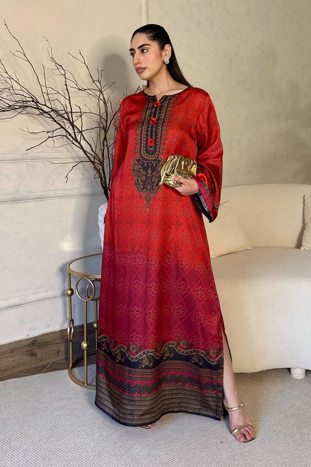Multi Printed Satin Silk Kaftan Online in Dubai UAE Abudhabi Ajman Sharjah