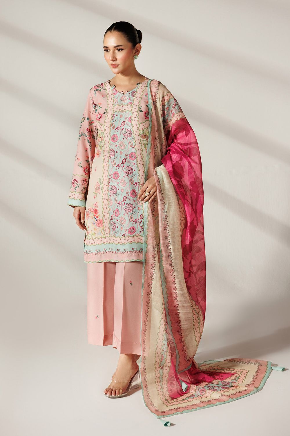 Multi Printed Silk Finish Lawn Kurta with Culottes Online in Dubai UAE Abudhabi Ajman Sharjah