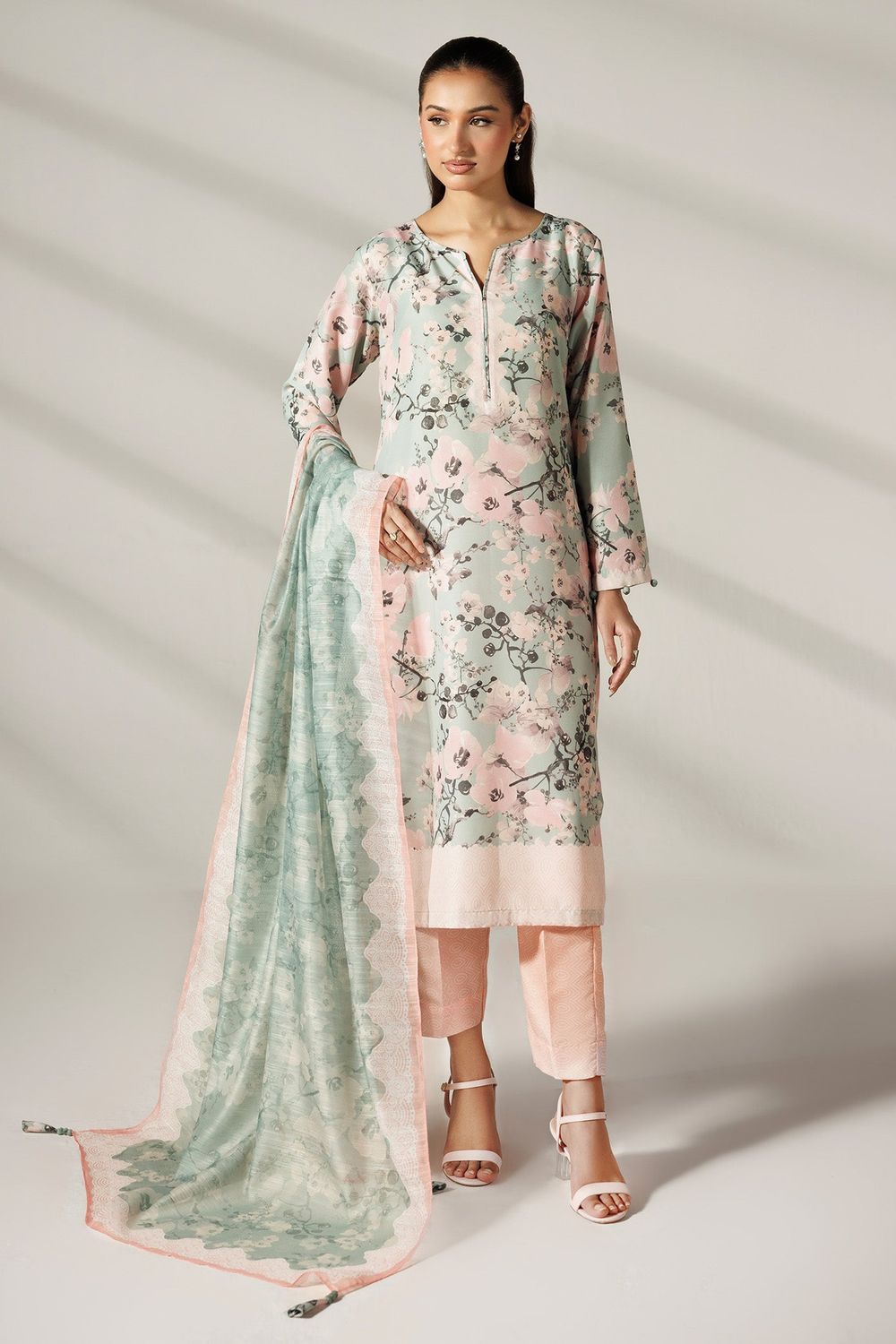 Multi Printed Silk Finish Lawn Kurta with Trouser and Dupatta Online in Dubai UAE Abudhabi Ajman Sharjah