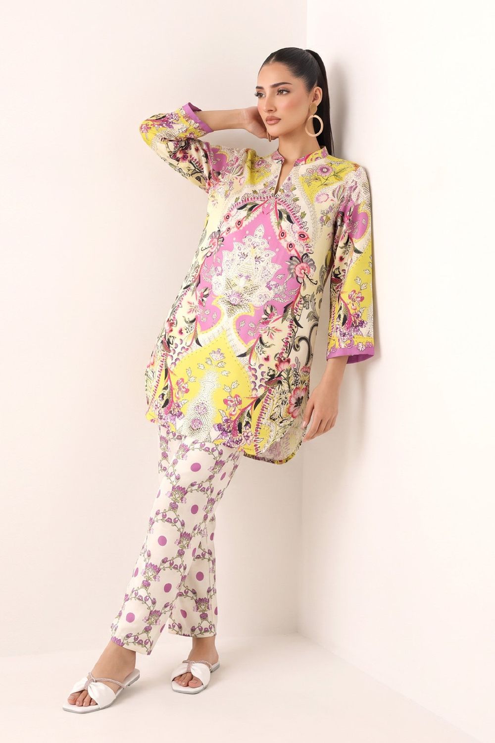Multi Printed Slub Lawn Kurta Set Online in Dubai UAE Abudhabi Ajman Sharjah