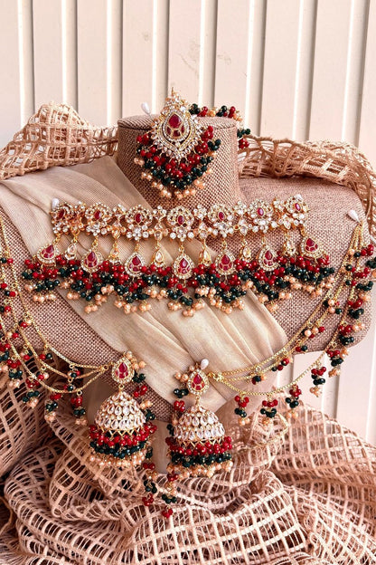 Multi Red Green Sunehri Veil Choker Set Online in Dubai UAE Abudhabi Ajman Sharjah