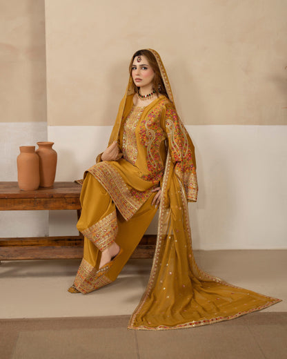 Mustard 3D Sequin Embroidered Silk Pakistani Suit Online in Sri Lanka India Australia