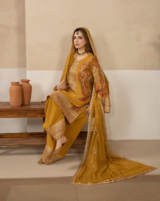 Mustard 3D Sequin Embroidered Silk Pakistani Suit Online in Sri Lanka India Australia