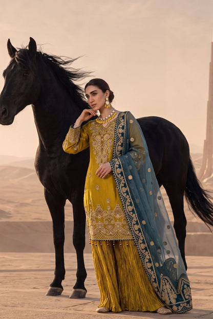 Mustard Adda Work Organza Sharara Online in Dubai UAE Abudhabi Ajman Sharjah