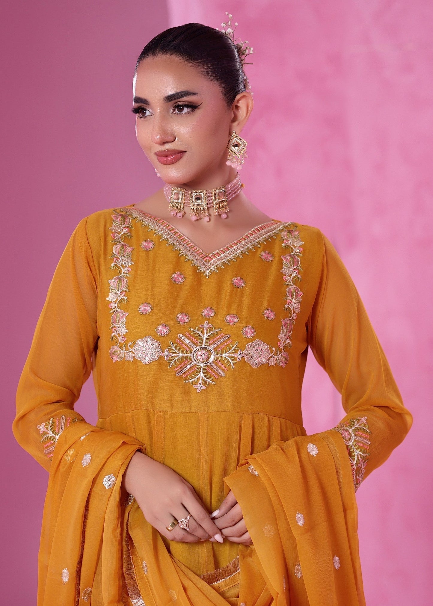 Mustard Chiffon Designer Suit for Women Online in Dubai UAE Abudhabi Ajman Sharjah