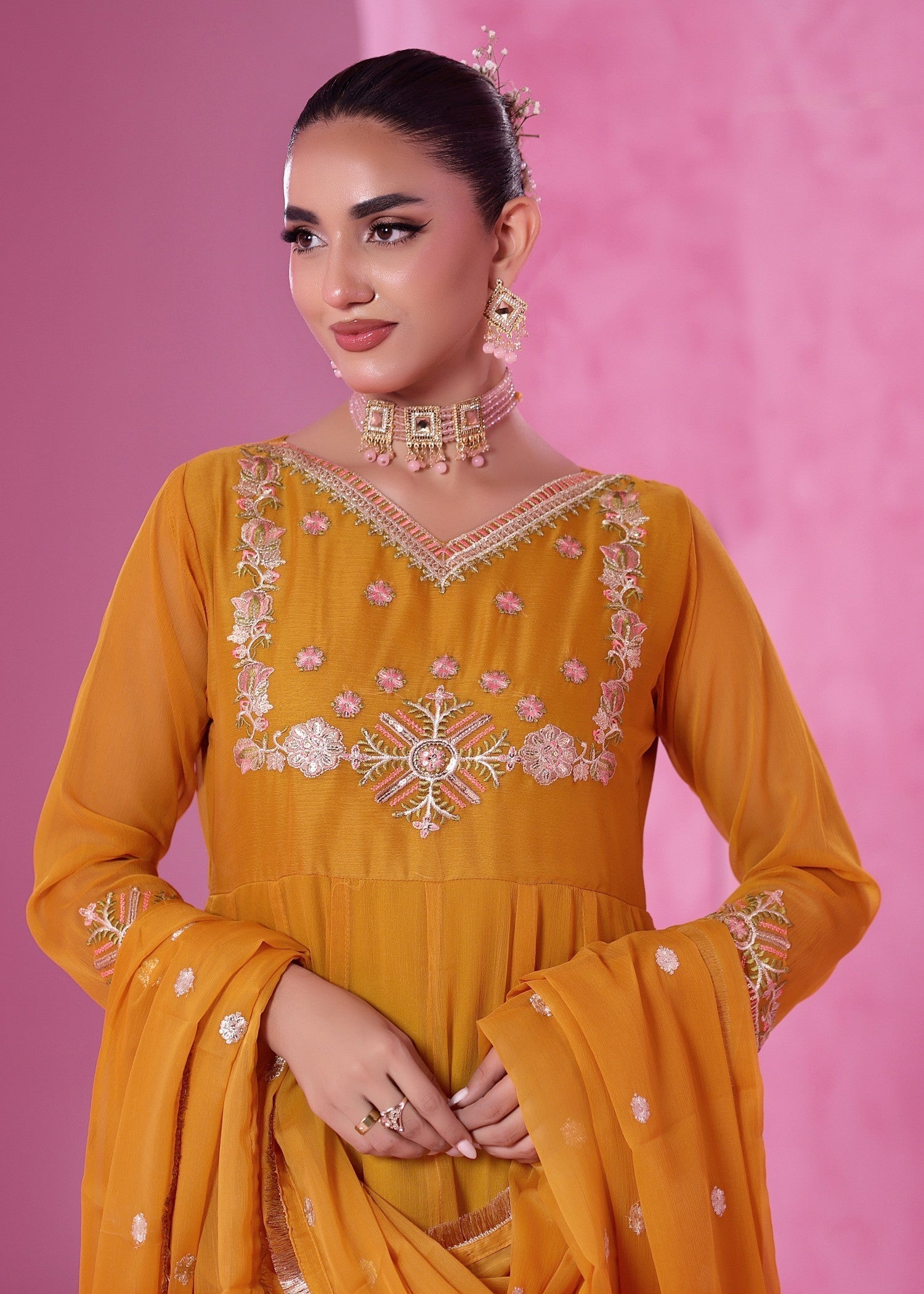 Mustard Chiffon Designer Suit for Women Online in Dubai UAE Abudhabi Ajman Sharjah