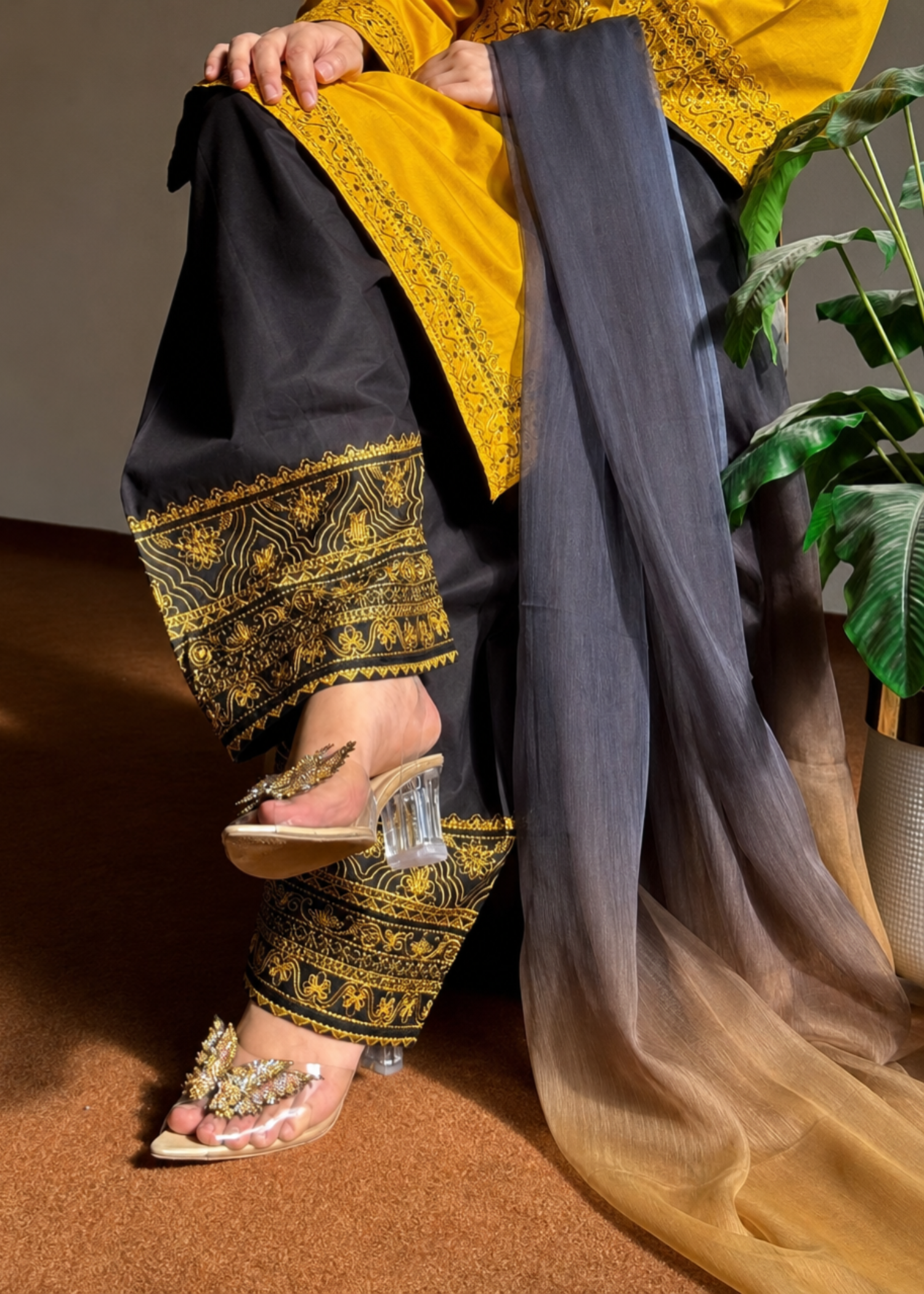 Mustard Chiffon Dupatta Embroidered Lawn Suit Online in Sri Lanka India Australia