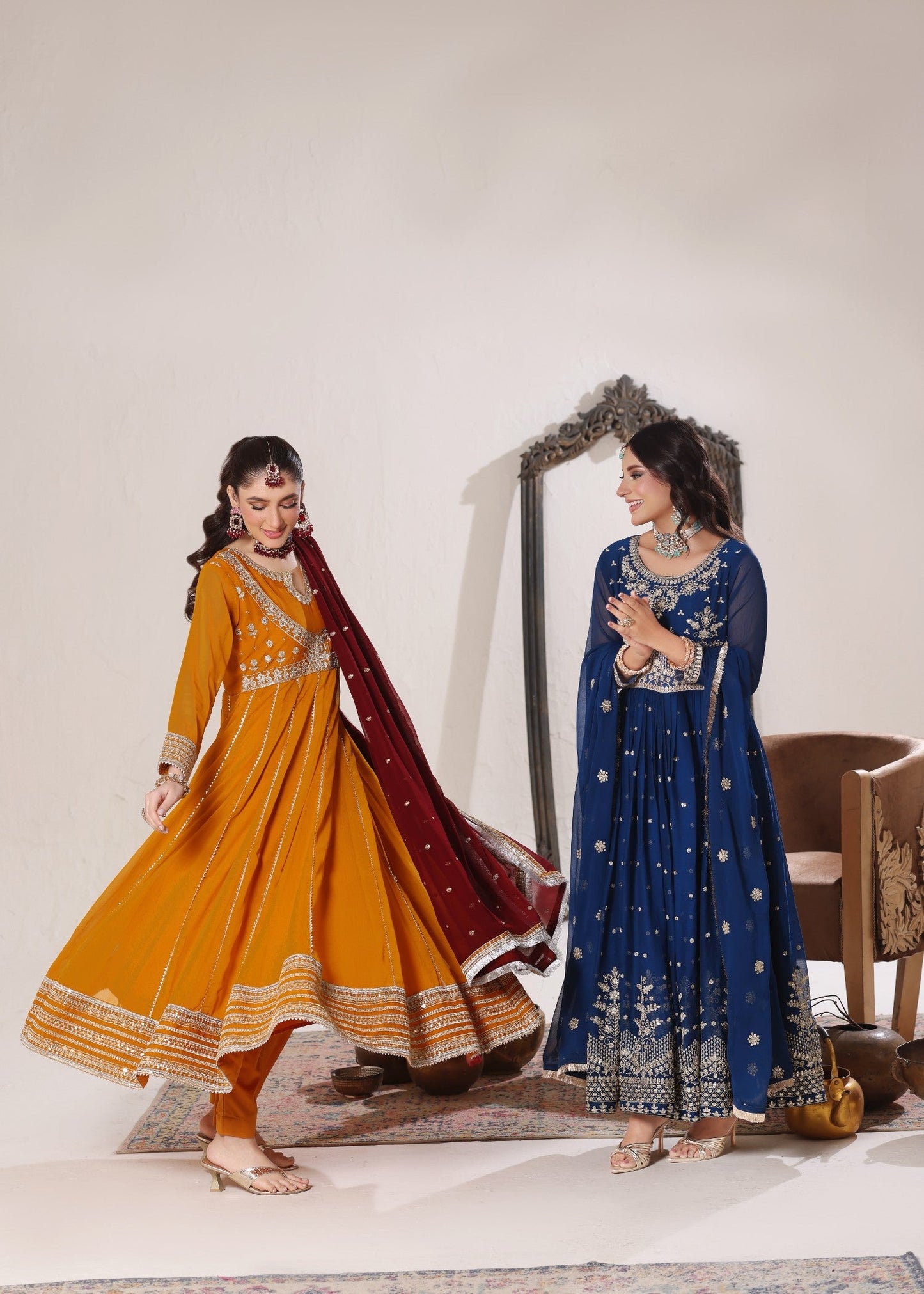 Mustard Chiffon Embroidered Festive Pishwas Online in Sri Lanka India Australia