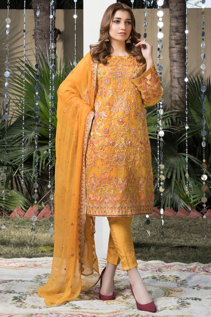 Mustard Chiffon Embroidered Festive Suit Online in Dubai UAE Abudhabi Ajman Sharjah