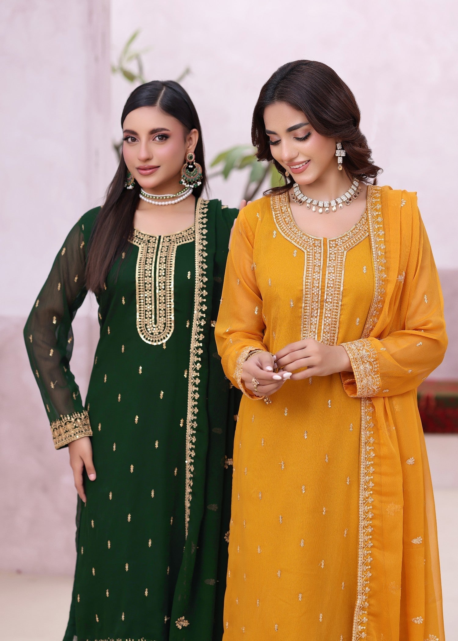 Mustard Chiffon Embroidered Kurta with Dupatta Online in Dubai UAE Abudhabi Ajman Sharjah