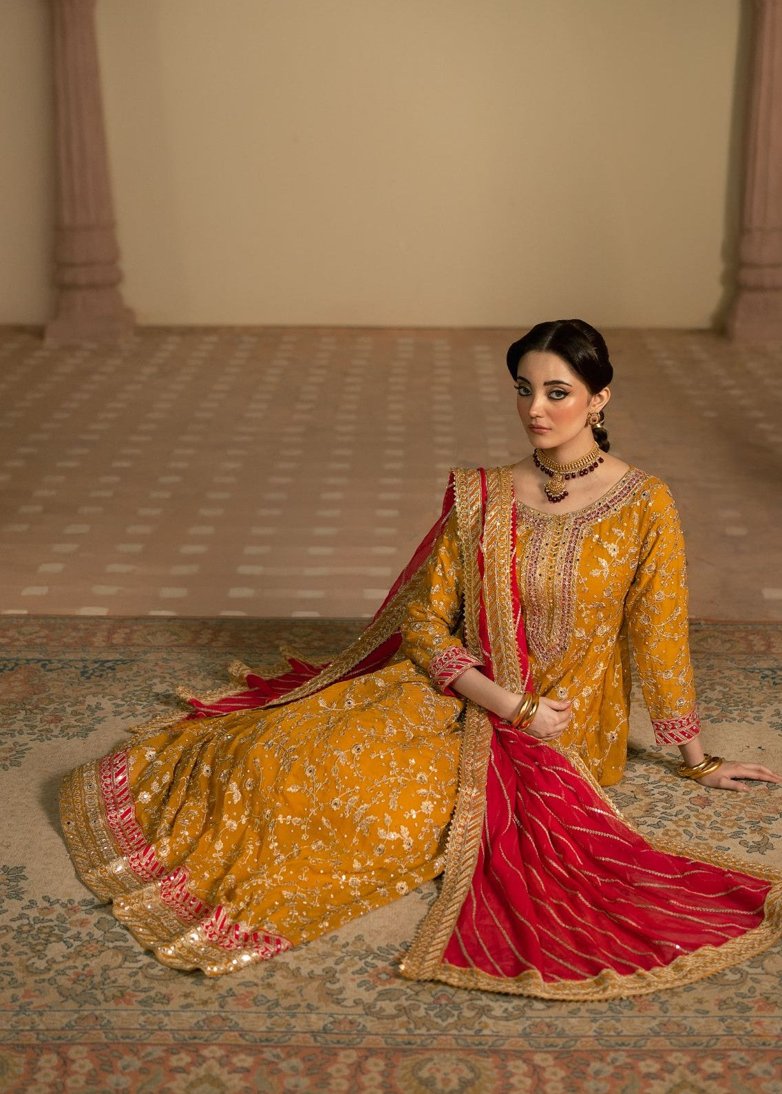 Mustard Chiffon Embroidered Salwar Suit Online in Dubai UAE Abudhabi Ajman Sharjah