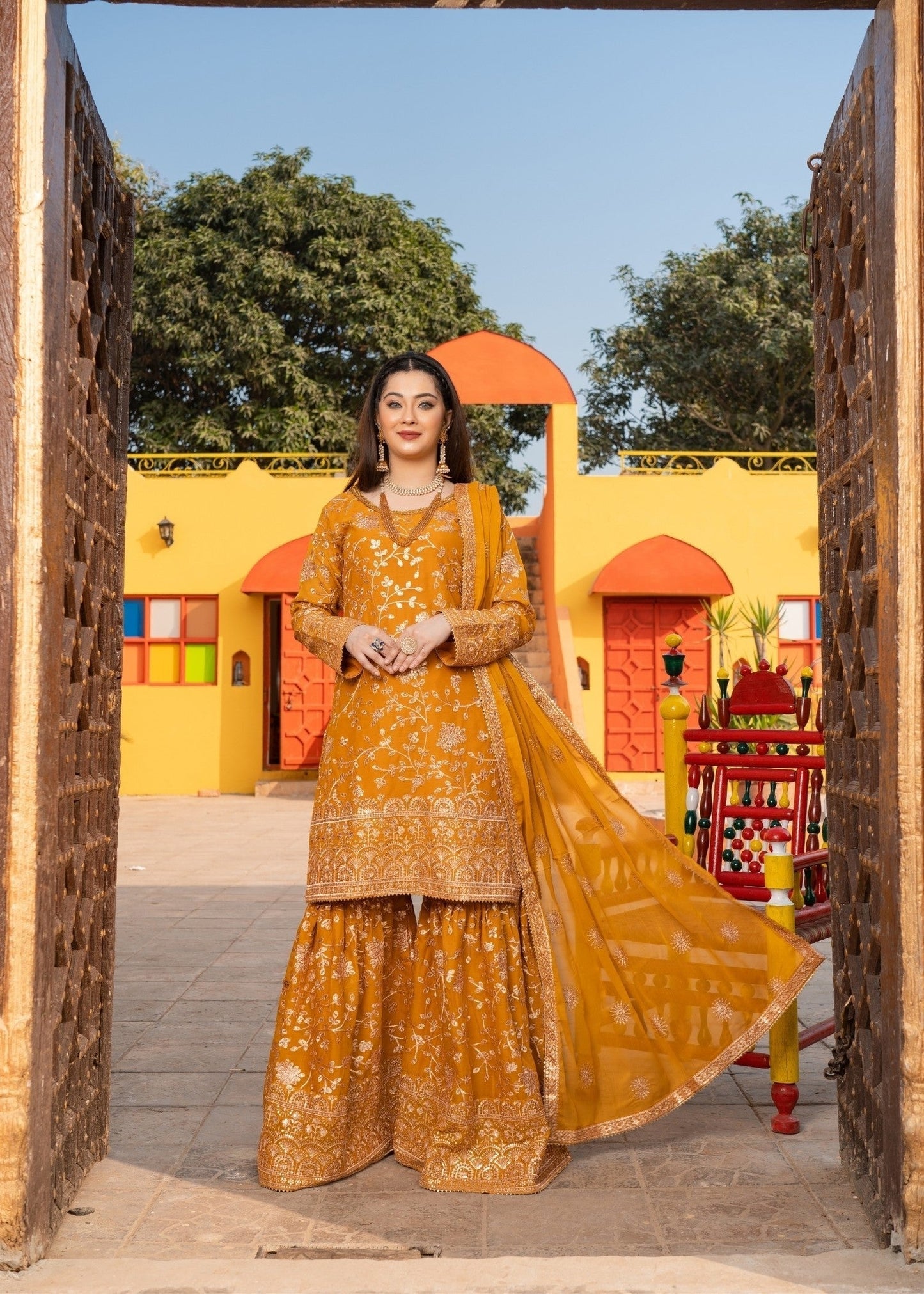 Mustard Chiffon Kurti with Wide Leg Gharara Online in Dubai UAE Abudhabi Ajman Sharjah