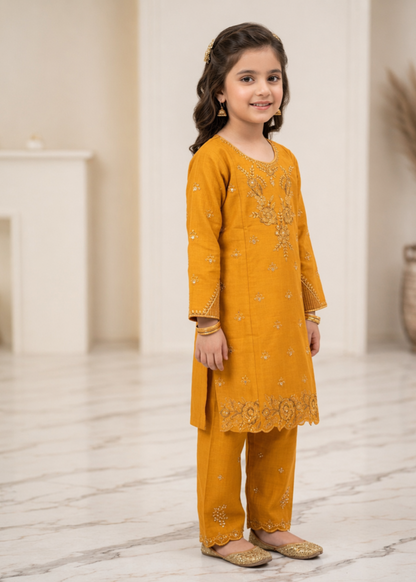 Mustard Cotton Embroidered Kurta Pajama Set Online in UK USA Canada