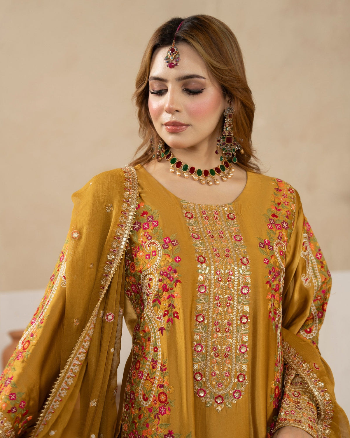 Mustard Crinkle Chiffon Dupatta Silk Suit Online in UK USA Canada